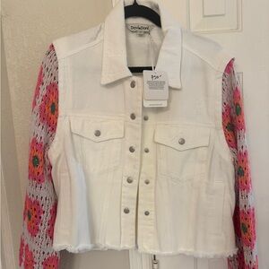 Denim best with sweater lined sleeves